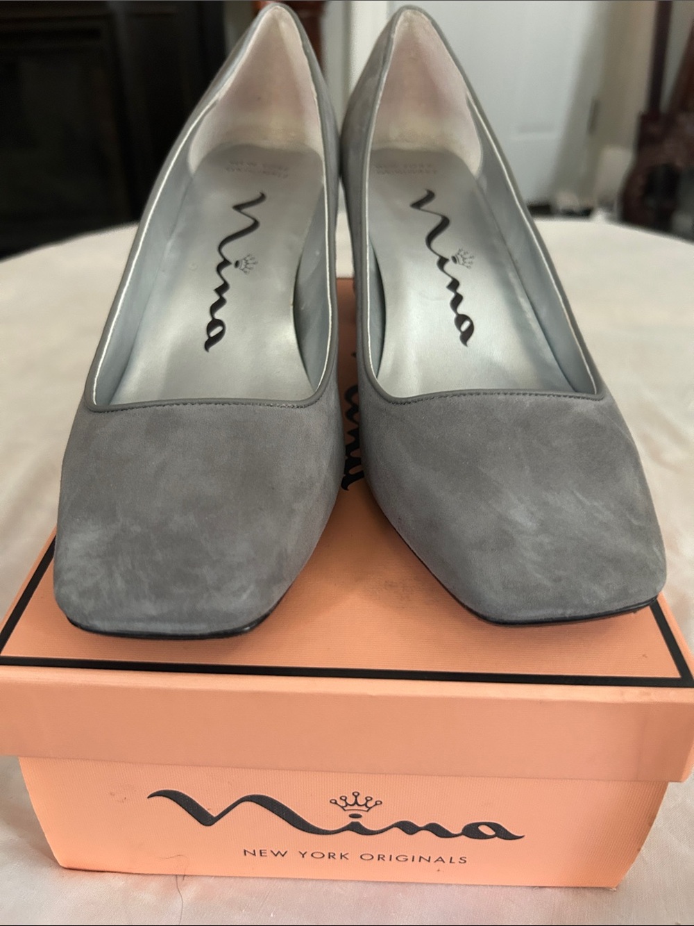 Nina Gray Suede Square-Toe Pumps